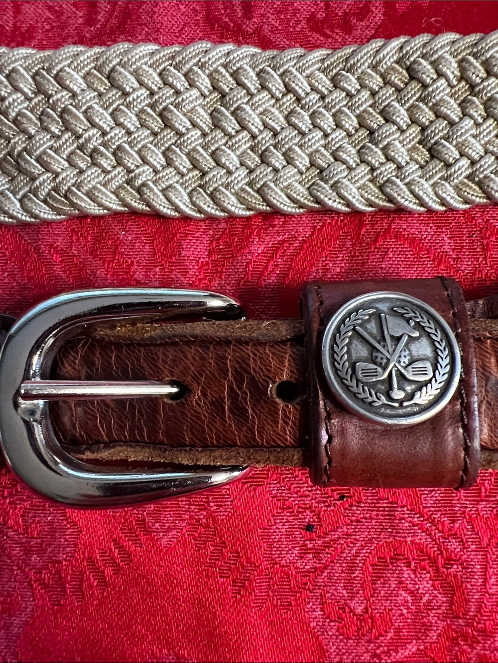Golf Braided Woven Belt Size 42 Ivory Brown Leather Club Emblem Preppy
